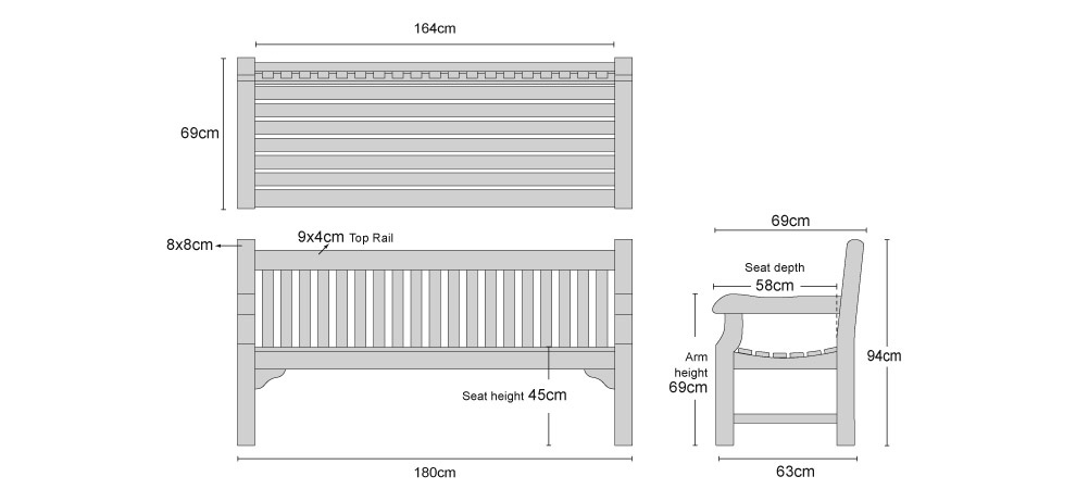 Balmoral Park Bench 6ft Teak Street Bench - Dimensions